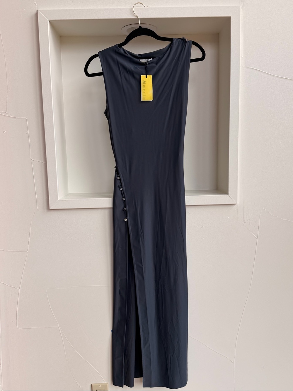 Sleeveless Gray Maxi Dress with Side Button Slit